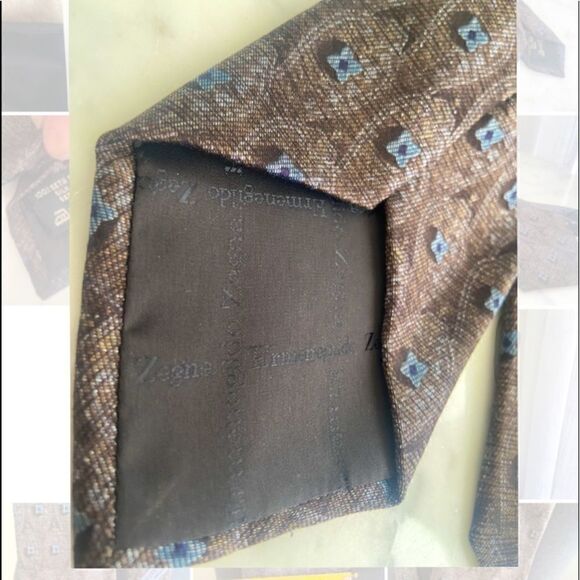 ERMENEGILDO ZEGNA Brown with Blue Grey Accents Recent Tie - Picture 8 of 11